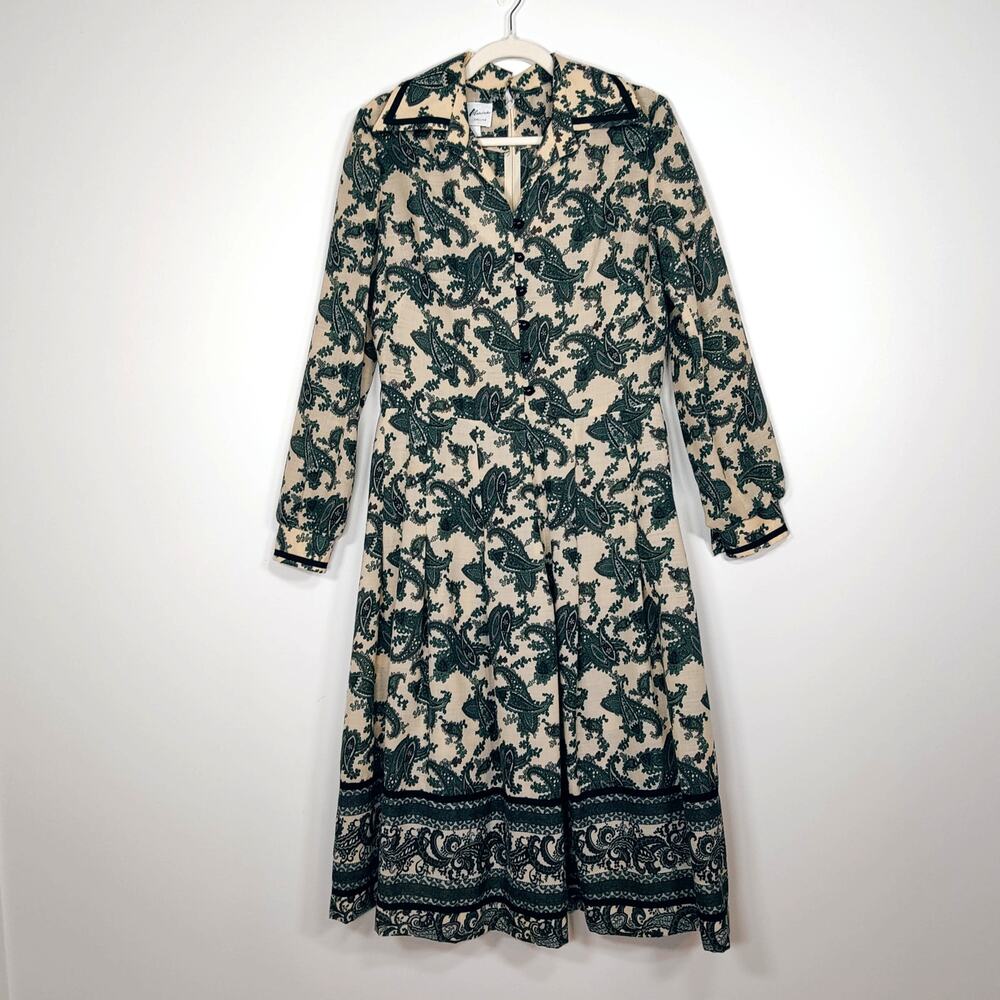 Vintage Herman Marcus Paisley Shirt Dress Green Cream Size L Swing Tea Dress